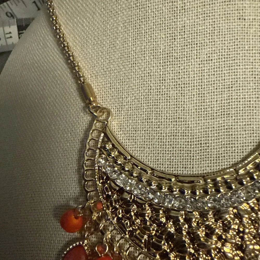 Bijou Gold and‎ Burnt Orange Beaded Chain Link Statement Necklace New 2015 N1-10 - Picture 3 of 4